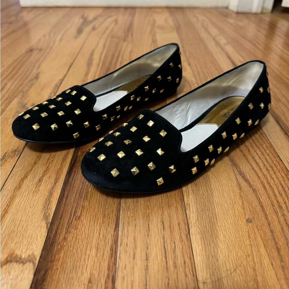 Michael Kors black suede flats with gold stud embellishments